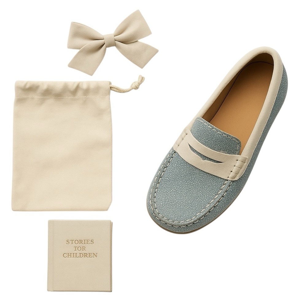 Atlanta Mocassin Girls Blue/White Stingray Leather Penny Loafers EU 34 US 2 NWOT